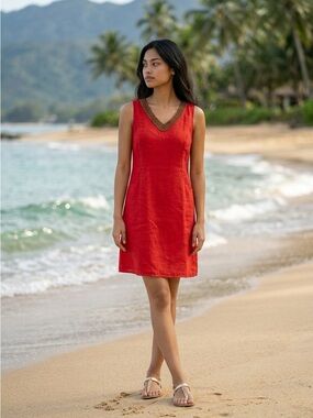 Lina Tomei Red 100% Linen Dress Beaded Sleeveless Summer Beach Dress XL